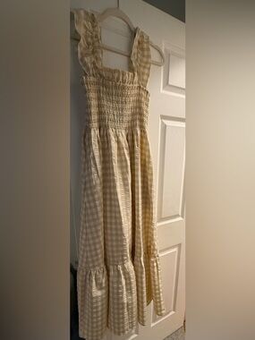 Gingham Smocked Midi Dress in Light Beige